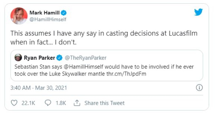 Sebastian Stan Butuh Restu Mark Hamill untuk Perankan Luke Skywalker