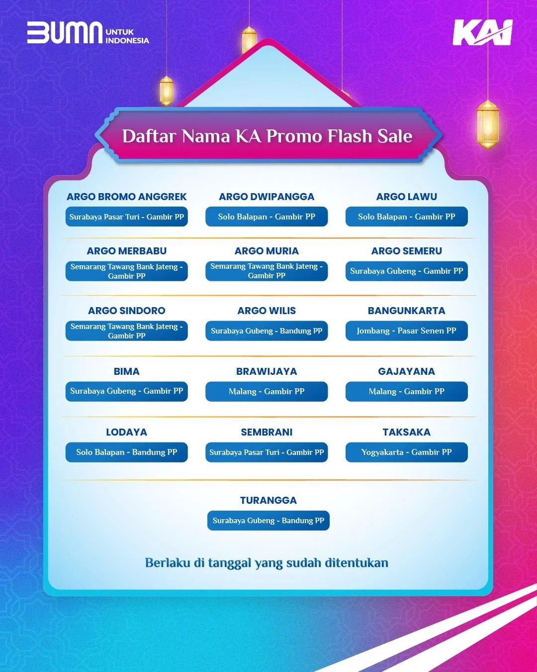 Daftar kereta api promo Flash Sale Ramadan Festive 2024. (Foto: KAI)