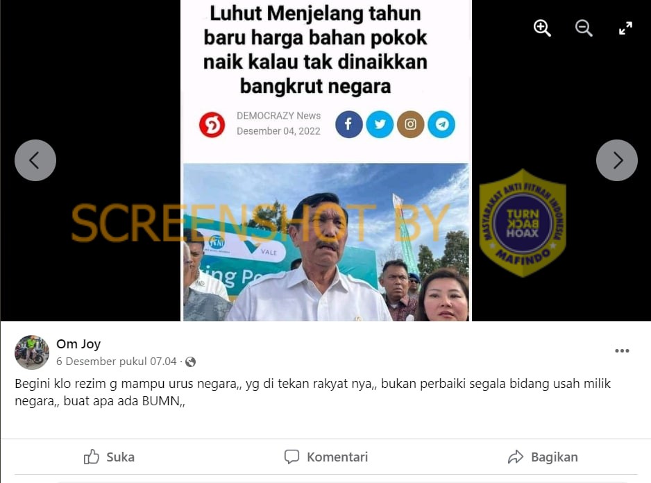 [HOAKS atau FAKTA]: Jika Harga Bahan Pokok Tak Dinaikkan, Negara akan Bangkrut