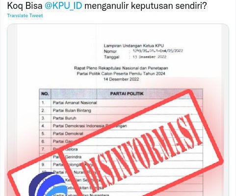 [HOAKS atau FAKTA]: KPU Anulir Keputusan Peserta Pemilu 2024