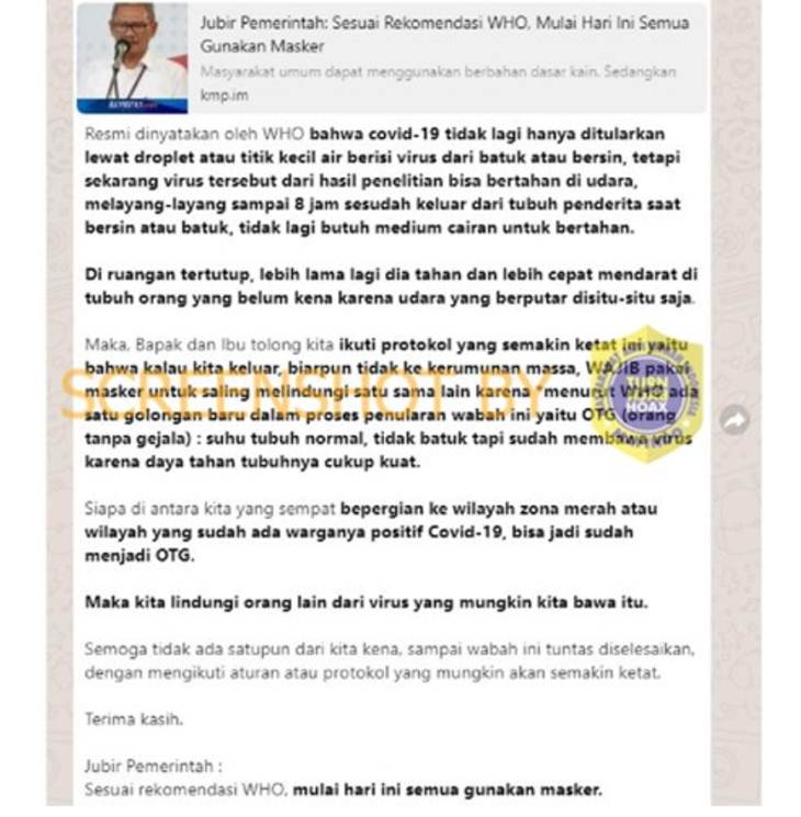 Tangkapan layar hoaks virus corona ditularkan lewat udara. (Foto: MP/turnbackhoax.com)