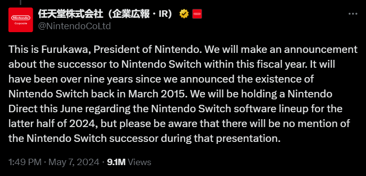 Unggahan Presiden Nintendo, Shuntaro Furukawa, melalui media sosial X, Selasa (7/5).
