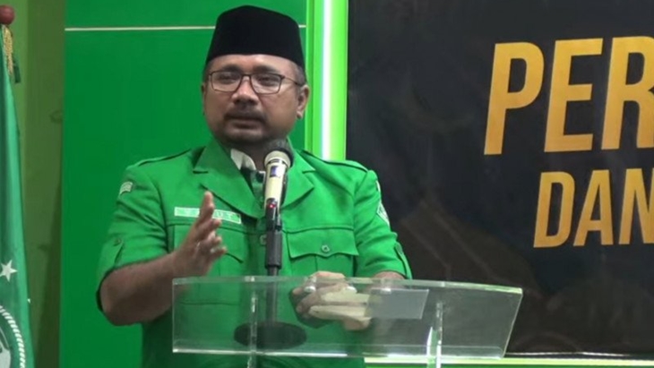 Menteri Agama Yaqut Cholil Qoumas saat menyampaikan sambutan di Harlah GP Ansor ke-87. (ANTARA/Tangkapan Layar Youtube GP Ansor)