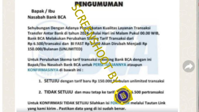 [HOAKS atau FAKTA] : Biaya Transfer Antar Bank di BCA jadi Rp 150 Ribu Per Bulan