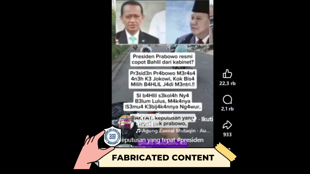 [HOAKS atau FAKTA]: Kebijakannya Dianggap Ngawur, Prabowo Copot Bahlil jadi Jabatan Menteri ESDM