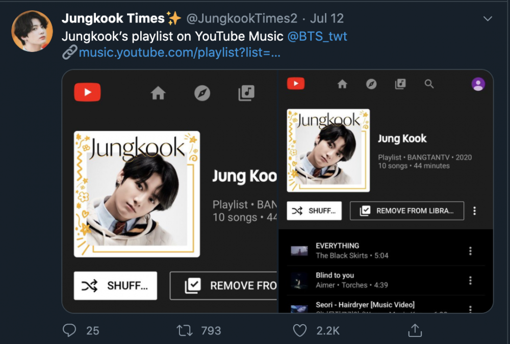 Jungkook memasukkan lagu 'I Love You 3000' ke dalam YouTube Playlist miliknya. (Foto: allkpop.com)