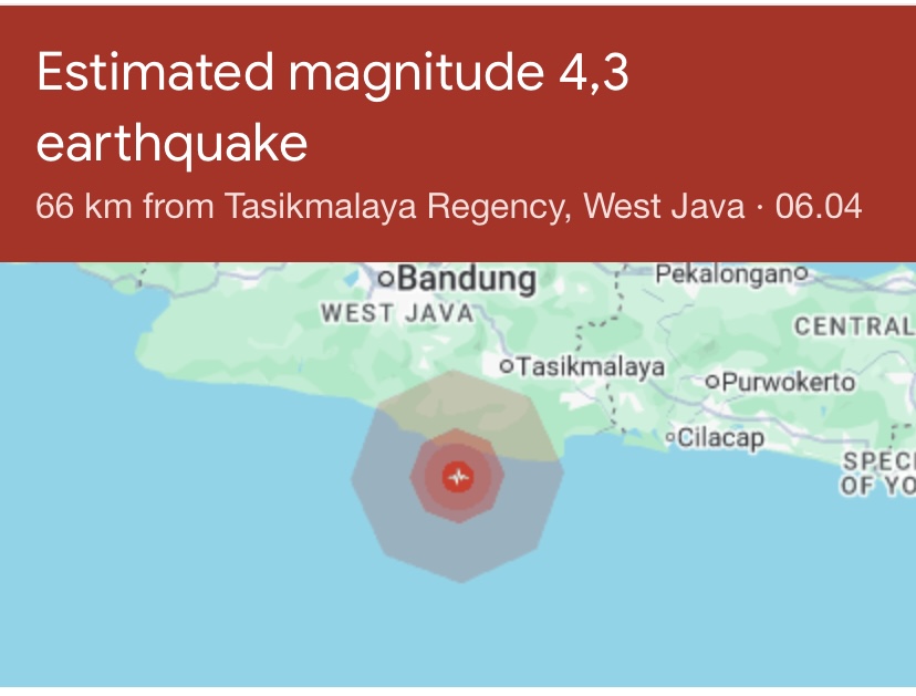 Gempa Magnitudo 4,3 Guncang Tasikmalaya Pagi Ini
