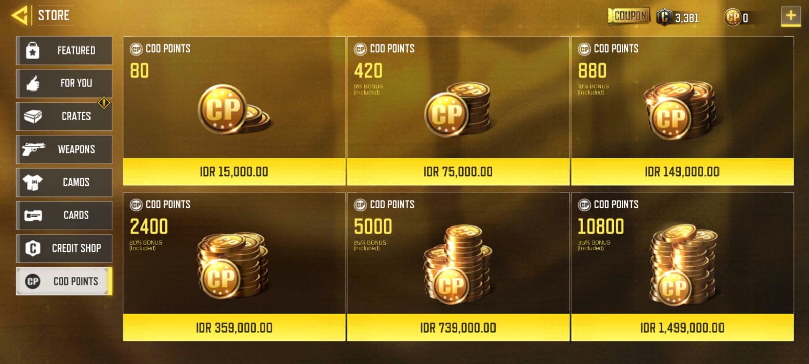 Perhitungan harga koin game Call of Duty: Mobile. (Foto Ist)