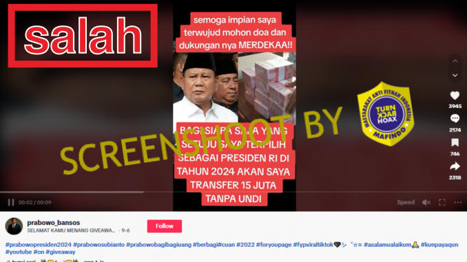 [HOAKS atau FAKTA] Dukung Prabowo Subianto Bakal Dapat Uang Rp 15 Juta
