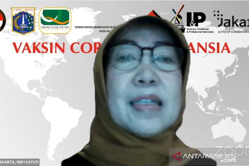 Kepala Dinas Kesehatan DKI Jakarta Widyastuti memberikan paparan dalam webinar Vaksin Corona dan Lansia yang digagas IASI Jerman, di Jakarta, Sabtu (3/4/2021). (Antara/Ricky Prayoga)