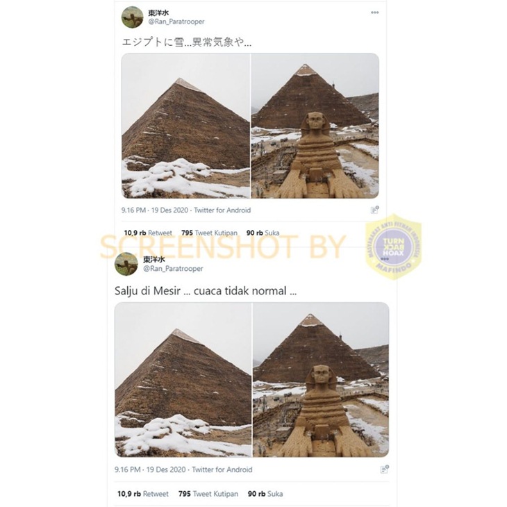 Tangkapan layar soal kawasan Piramida Mesir dilanda hujan salju. (Foto: MP/Turnbackhoax.id)