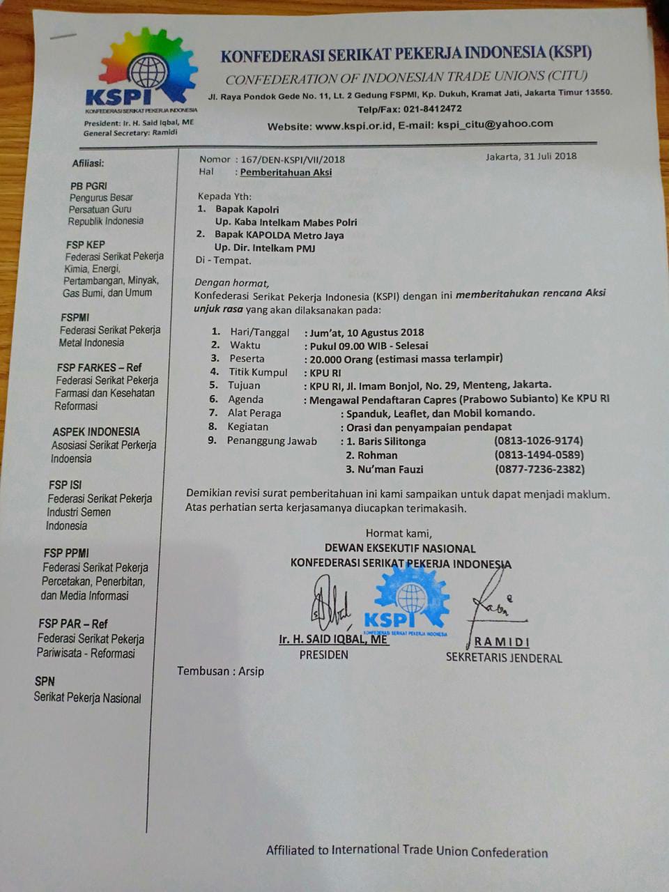 Surat Izin Kawal Prabowo