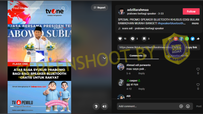 [HOAKS atau FAKTA] : Menang Pilpres 2024, Prabowo Bagi-Bagi Speaker Bluetooth