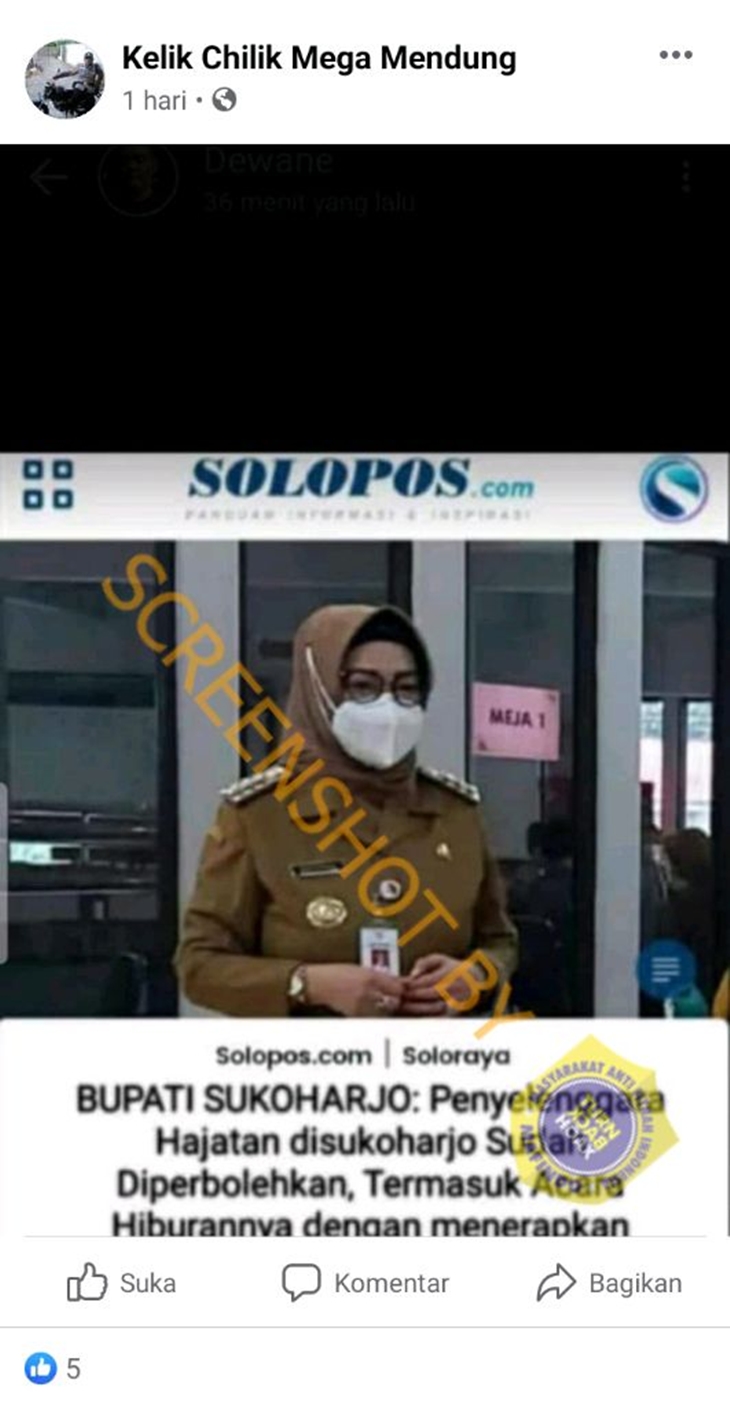 Tangkapan layar soal hoaks hajatan dan hiburan diperbolehkan oleh Bupati Sukoharjo. (Foto: MP/Turnbackhoax.id)