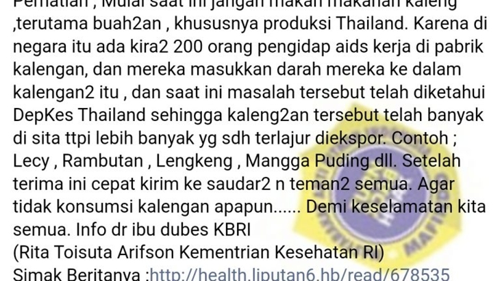 [HOAKS atau FAKTA]: Makanan Kaleng Produksi Thailand Terkontaminasi AIDS