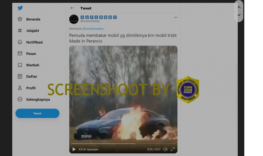 [HOAKS atau FAKTA]: Seorang Pria Bakar Mobilnya Karena Buatan Prancis