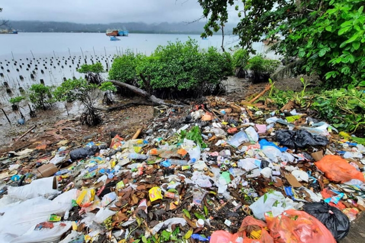 Kawasan konservasi mangrove Desa Lateri, Kecamatan Baguala, Kota Ambon, dipenuhi sampah limbah rumah tangga buangan warga sekitar akibat tidak tersedianya bak sampah. (Moluccas Coastal Care)