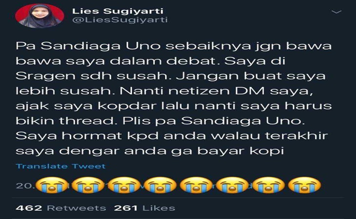 Cuitan akun Lies Sugiyarti yang hebohkan linimasa twitter