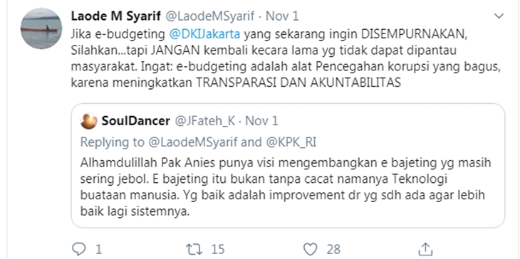 Tanggapan pimpinan KPK Laode M Syarif terkait e-budgeting DKI. (Foto: Screenshot Twitter @laodemsyarif)