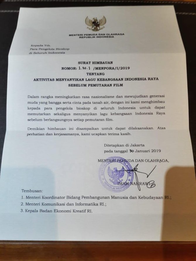 Surat imbauan Menpora. (Ist)