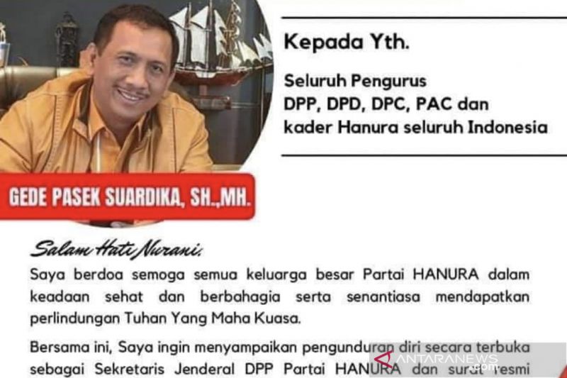 Tangkapan layar surat pengunduran diri Gede Pasek Suardika sebagai sekretaris jenderal DPP Partai Hanura sebagaimana diunduh dari akun Facebook pribadinya di Jakarta, Kamis (28/10/2021). ANTARA/Genta Tenri Mawangi