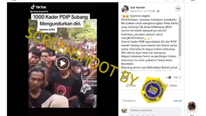 [HOAKS atau FAKTA]: 1.000 Kader PDIP Mundur karena Batal Usung Anies di Pilkada