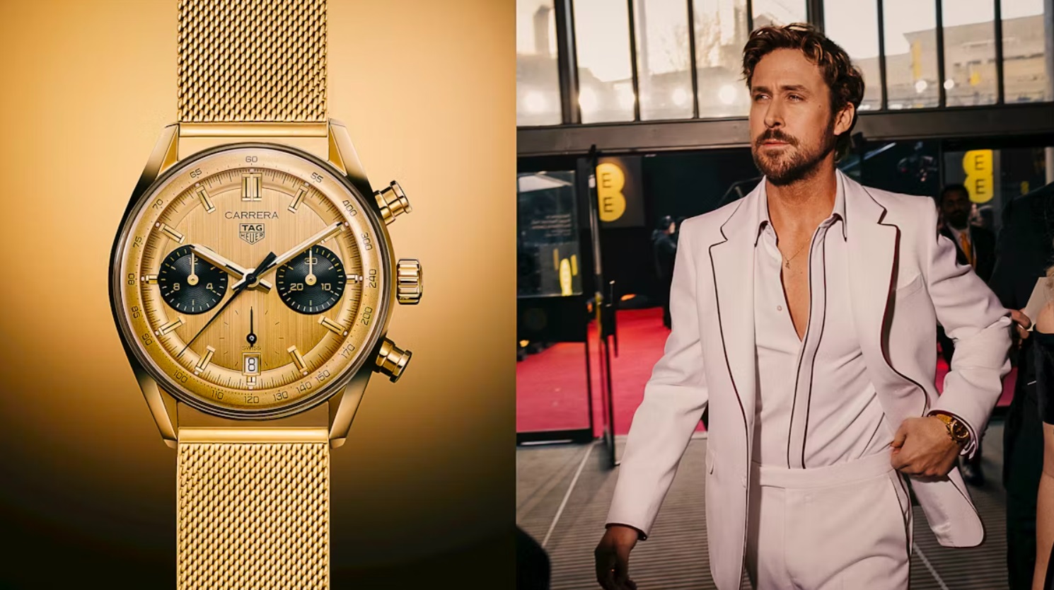 Gaya Ryan Gosling Pakai TAG Heuer Carrera Chronograph Yellow Gold di BAFTA 2024