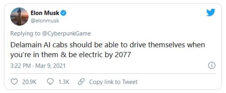 Elon Musk Tidak ada Mobil Otonom di 'Cyberpunk 2077'