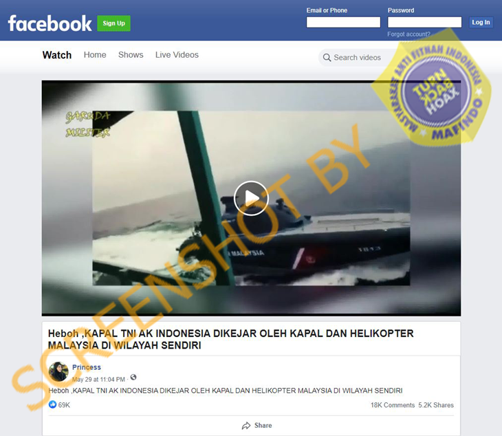 Tangkapan layar soal hoaks kapal TNI dikejar Malaysia di wilayah NKRI. (Foto: MP/Turnbackhoax.id)