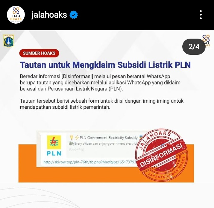 [HOAKS atau FAKTA]: PLN Beri Subsidi Listrik Bagi Warga yang mengisi Fomulir di WA