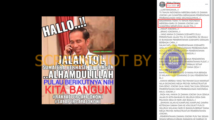 [HOAKS atau FAKTA]: 75 Tahun Indonesia Merdeka, Baru Ada Jalan Tol di Sumatera saat Era Jokowi