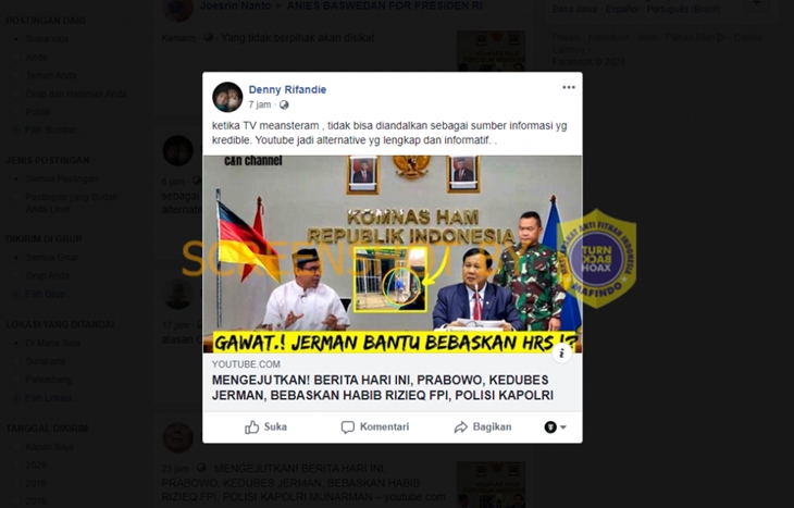   Tangkapan layar Facebook soal Jerman bantu pembebasan Rizieq Shihab. (Foto: MP/Turnbackhoax.id)