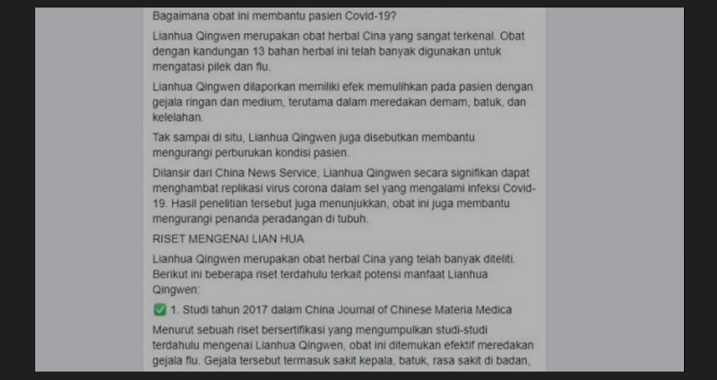 Tangkapan layar soal Lianhua Qingwen. (Foto: Mafindo)