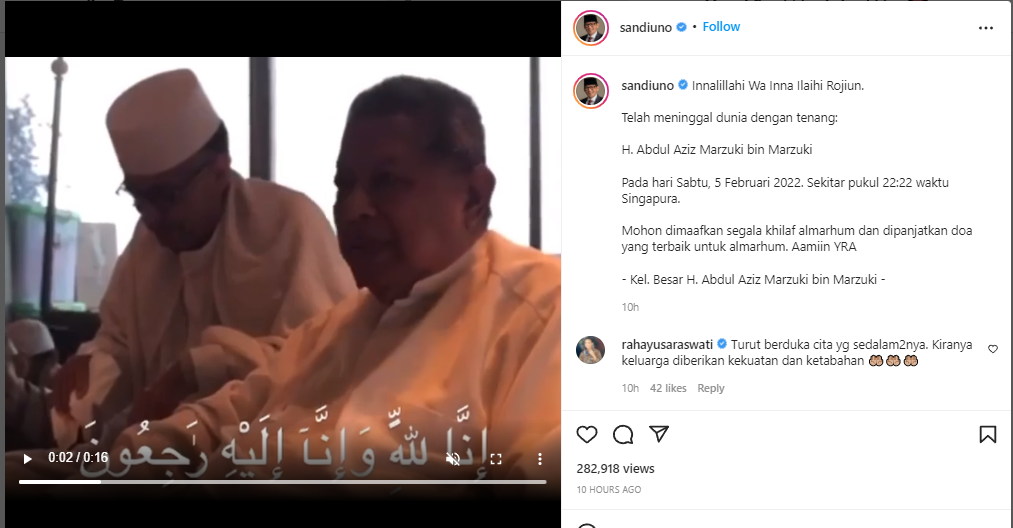 Kabar meninggalnya mertua Sandiaga Uno. (Foto: Tangkapan Layar)