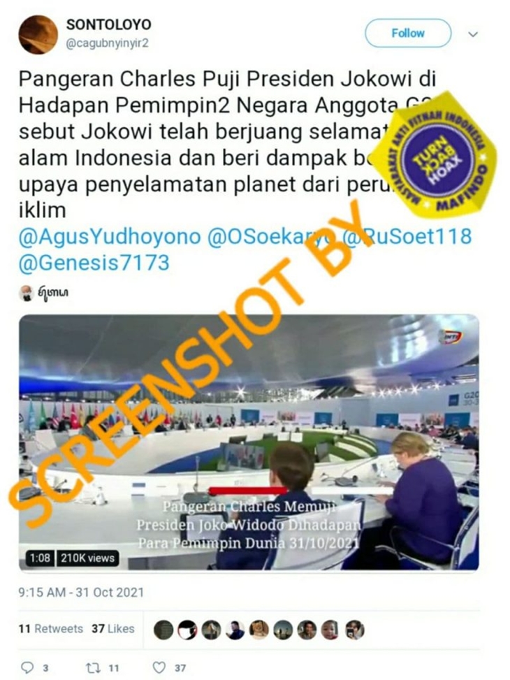 Tangkapan layar soal hoaks Pangeran Charles puji keberhasilan Presiden Jokowi menyelamatkan alam. (Foto: MP/Turnbackhoax.id)