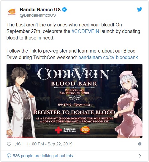 Bandai ajak gamer untuk mendonorkan darah mereka lewat sebuah cuitan Twitter (Foto: Twitter/BandaiNamcoUS)