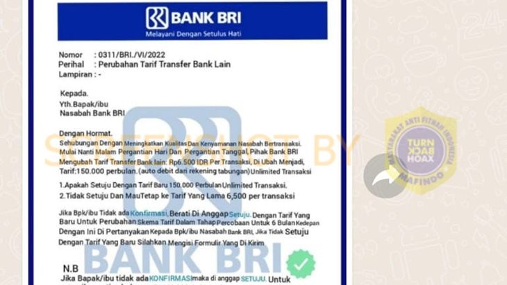 [HOAKS atau FAKTA]: Perubahan Biaya Tarif Transfer BRI dari Rp 6.500 Jadi Rp 150 Ribu