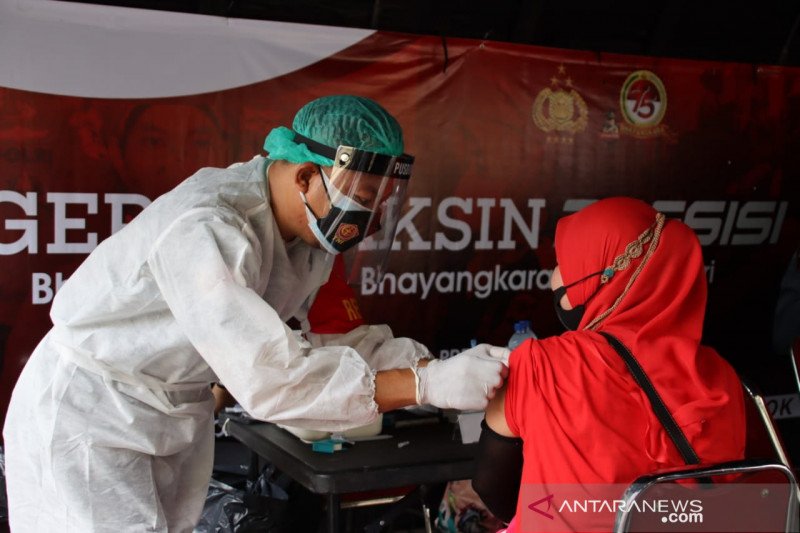 Seorang dokter menyuntikkan vaksinasi COVID-19 kepada warga di Gerai Vaksin Presisi Polres Pelabuhan Tanjung Priok pada Senin (28/6/2021). (ANTARA/HO-Polres Pelabuhan Tanjung Priok)