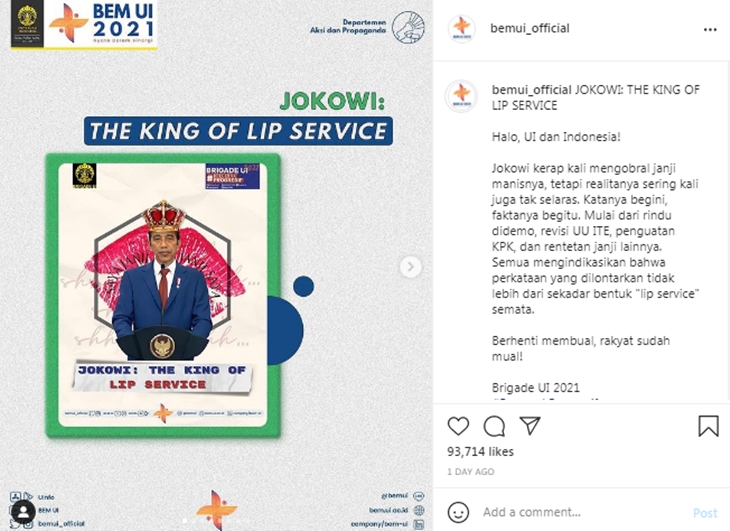 Tangkapan layar poster soal kritik terhadap Jokowi dari BEM UI. (Foto: Instagram @bemui_Official)