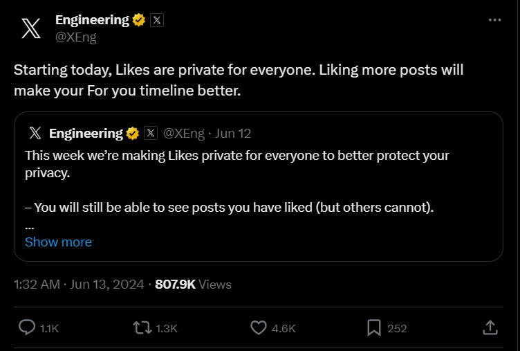 Akun @XEng saat mengumumkan fitur untuk menyembunyikan tab Likes pengguna
