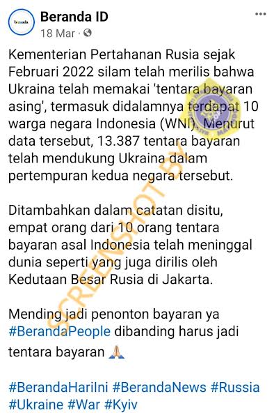 [HOAKS atau FAKTA]: 10 WNI Jadi Tentara Bayaran Ukraina