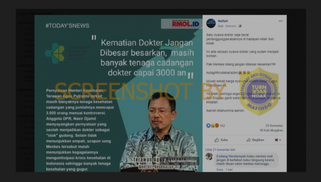 [HOAKS atau FAKTA]: Menkes Terawan minta Kematian Dokter Tak Dibesar-besarkan