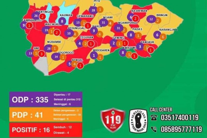 Peta sebaran kasus positif COVID-19 di Ngawi, Jatim, per 10 Juni 2020, terdapat 16 orang terkonfirmasi positif COVID-19. (ANTARA jatim/ Humas Ngawi/Lr)