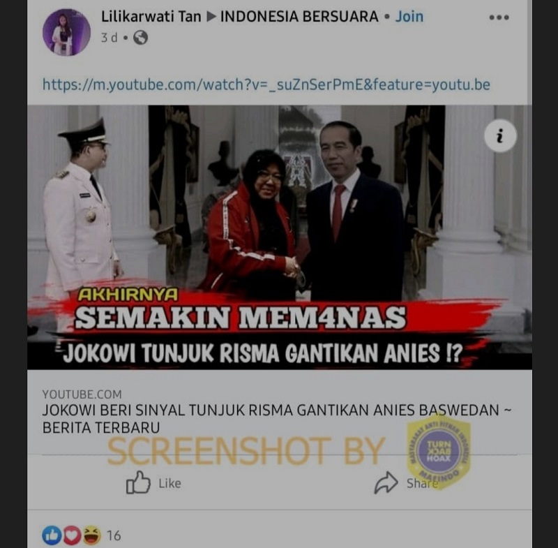 Tangkapan layar hoaks Risma gantikan Anies. (Foto: Mafindo)