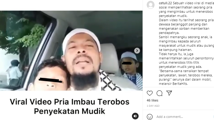 Tangkapan layar media sosial video provokasi ajakan menerobos penyekatan larangan mudik Lebaran. (Foto: MP/Instagram)
