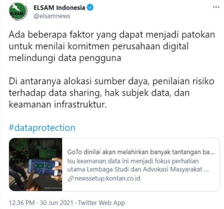 Cuitan Twitter Elsam Indonesia Terkait GoTo Yang Memenuhi Kualifikasi Keamanan. (Foto: Twitter @elsamnews)