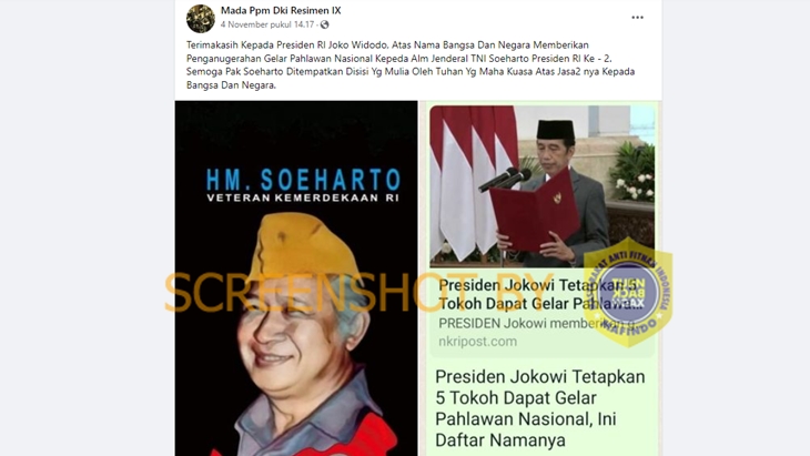[HOAKS atau FAKTA]: Jokowi Anugerahkan Pahlawan Nasional untuk Presiden Soeharto