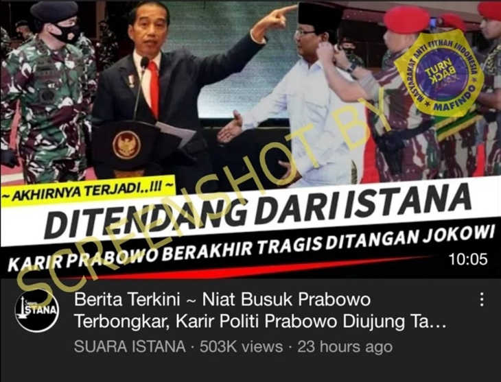Tangkapan layar hoaks Prabowo ditendang dari Istana. (Foto: MP/Turnbackhoax.id)