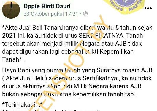 [HOAKS atau FAKTA]: Negara Akan Ambil Tanah Warga yang Tidak Urus AJB Selama 5 Tahun