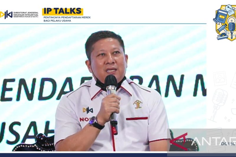 Direktur Merek dan Indikasi Geografis DJKI Kemenkumham Nofli pada webinar pentingnya pendaftaran merek bagi pelaku usaha di Jakarta, Kamis. (ANTARA/Muhammad Zulfikar).